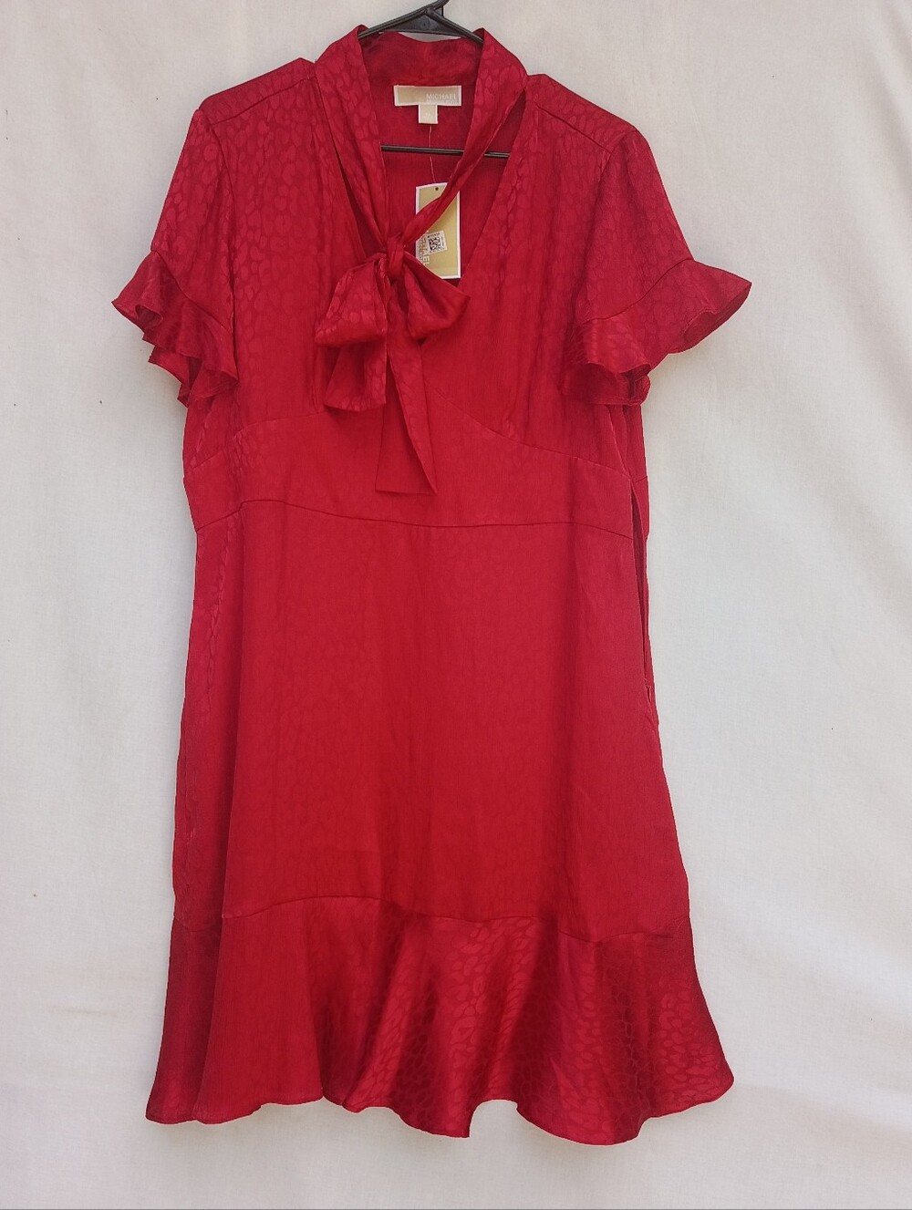Michael Kors Red Jacquard Cheetah Print Tie Neck Midi Dress